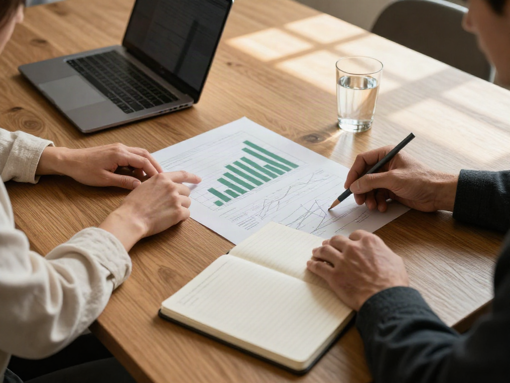 Consultants reviewing performance charts and taking notes during a business review session